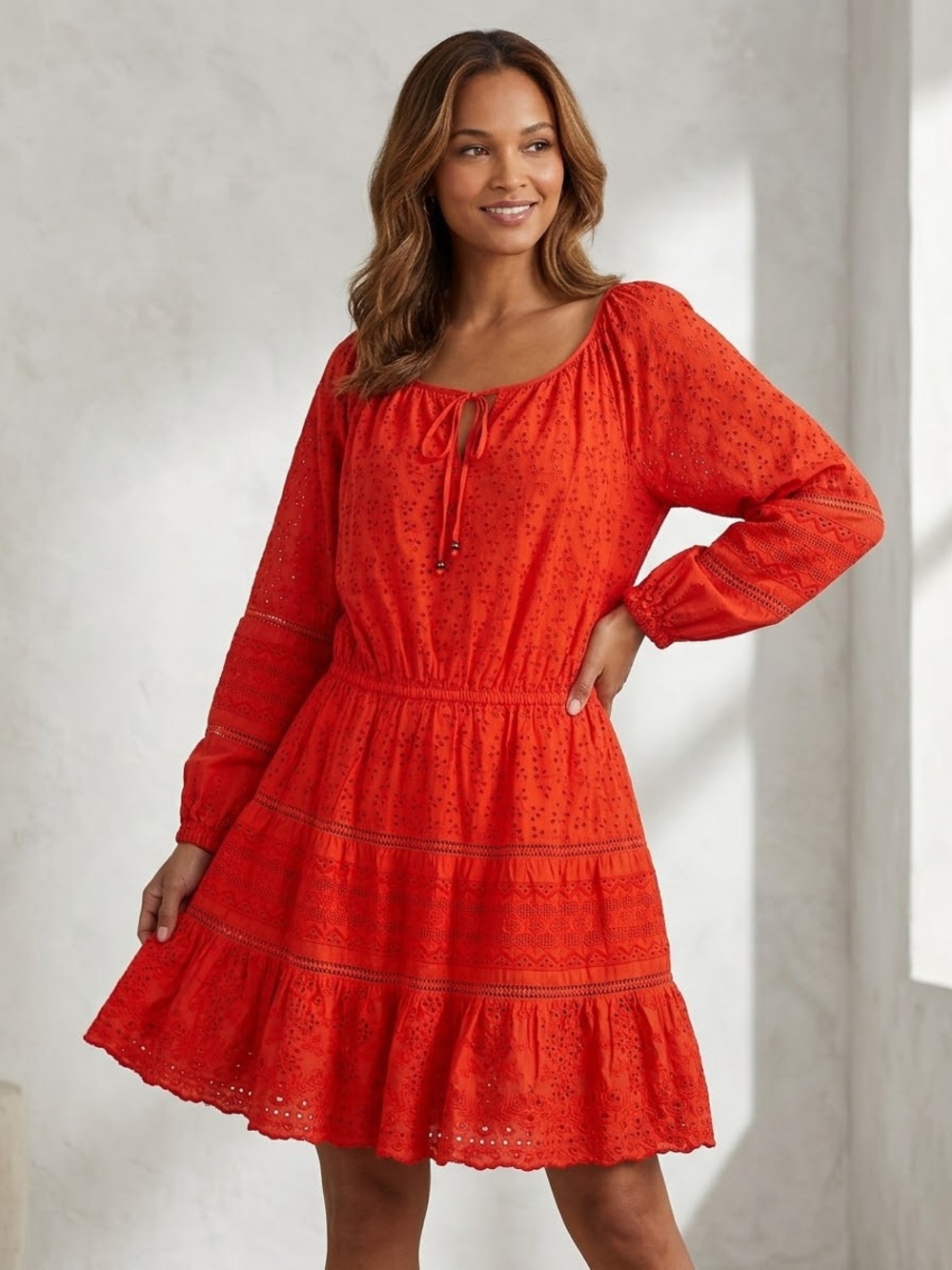 Lauren Ralph Lauren Red Cotton Eyelet Broderie Anglaise Dress, Size 16